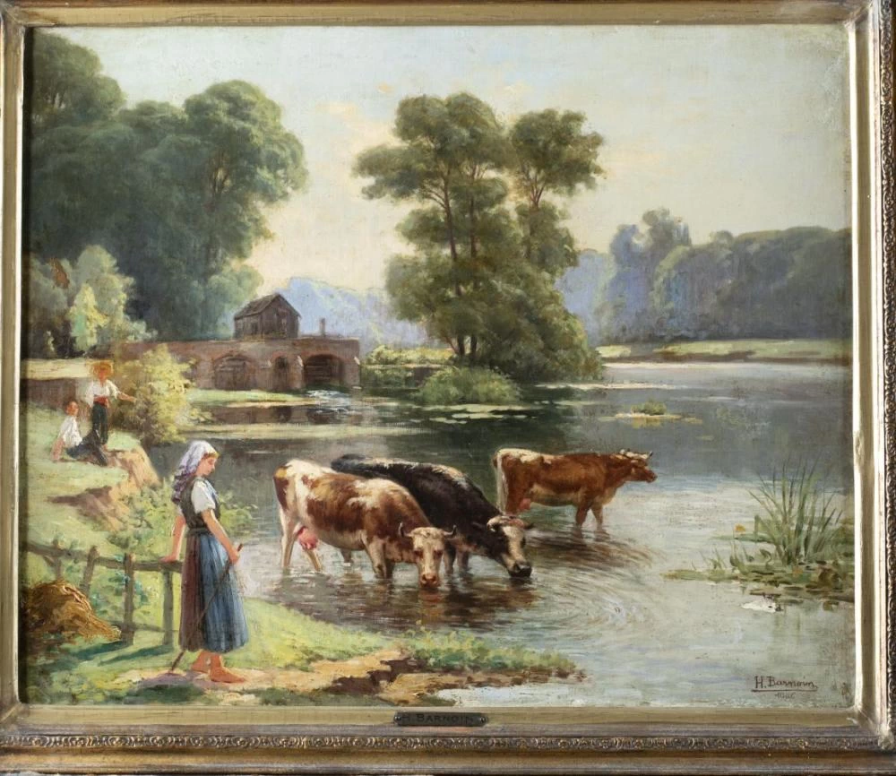 Scena pastorale con una donna su un argine del fiume